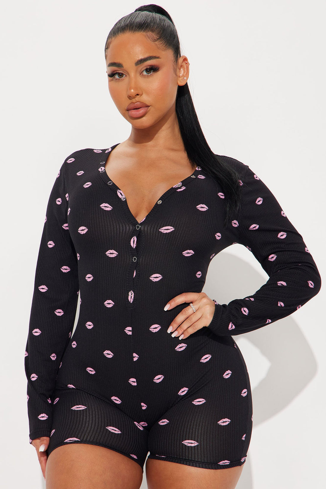 Besitos Ribbed PJ Romper Onesie - Black/Pink