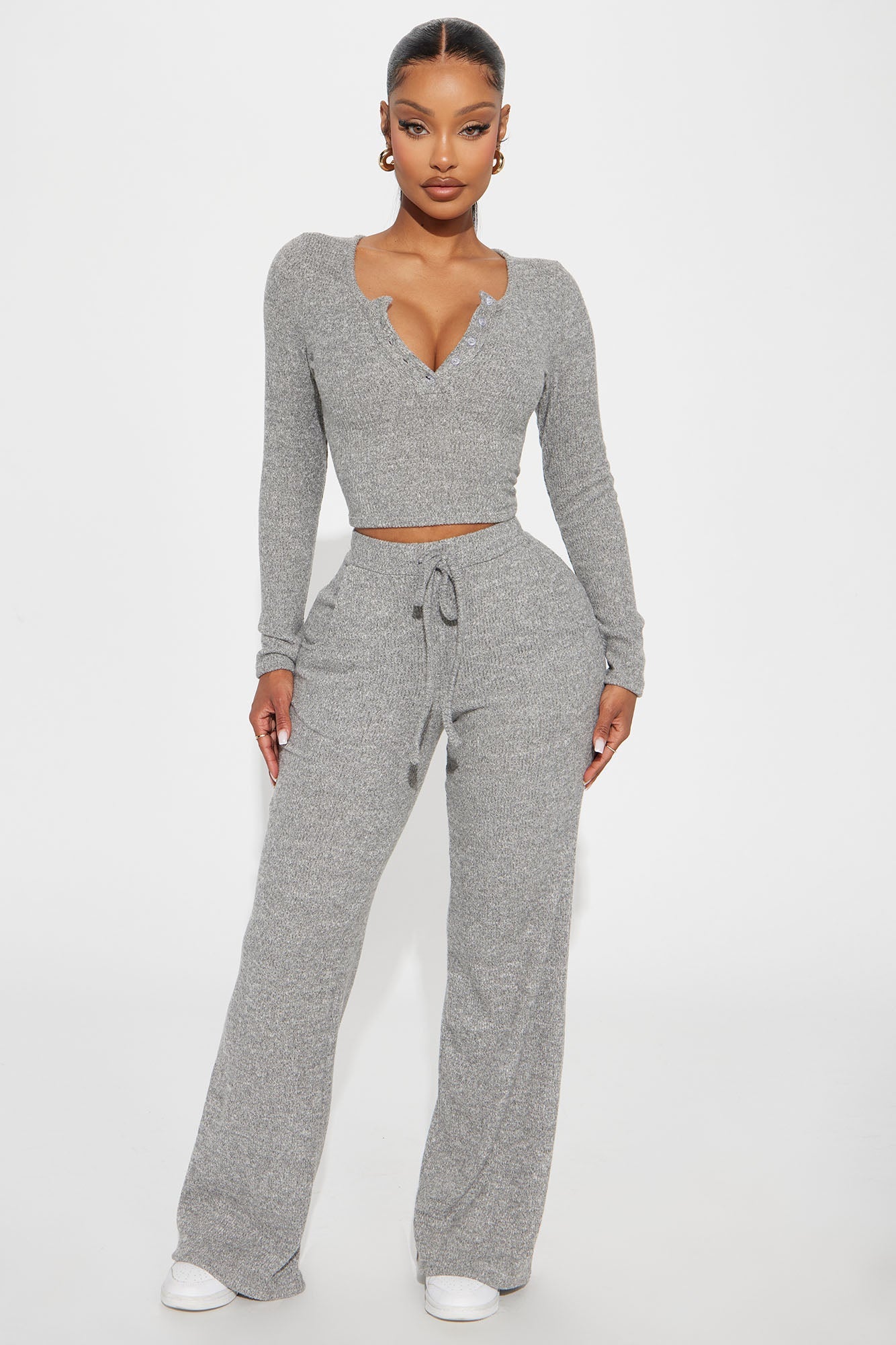 Cozy Girl Henley Pant Set - Heather Grey