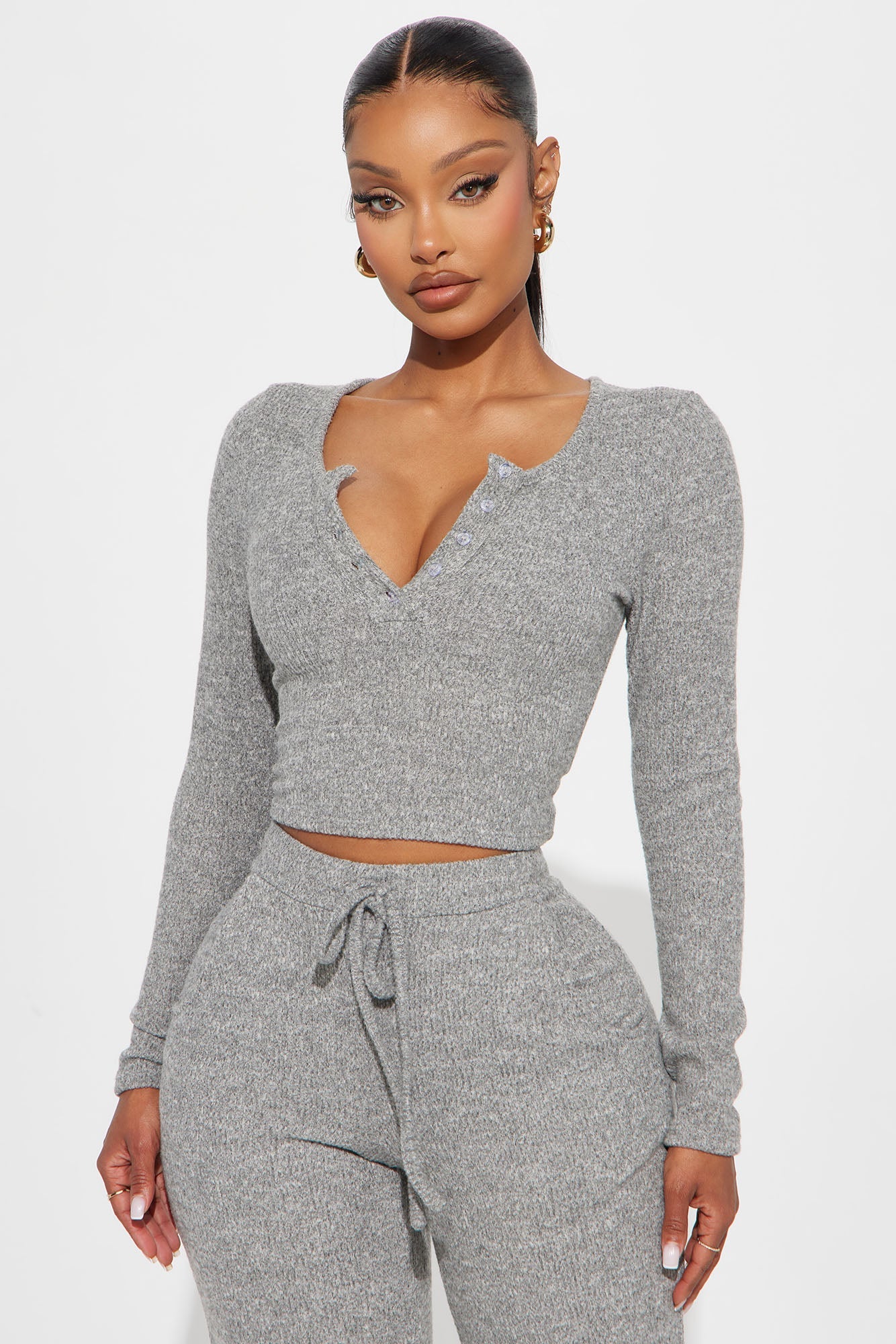 Cozy Girl Henley Pant Set - Heather Grey