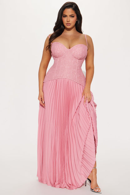 Daniella Lace Corset Pleated Maxi Dress - Pink