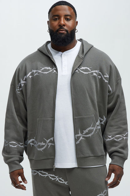 Tyson Barbed Wire Oversized Zip Hoodie - Charcoal