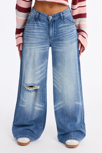 Denver Drapey Ripped Baggy Jeans - Dark Wash