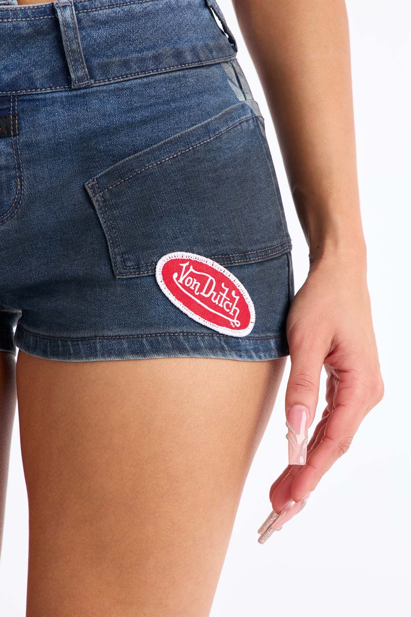 Von Dutch Wings Low Rise Denim Shorts - Medium Wash