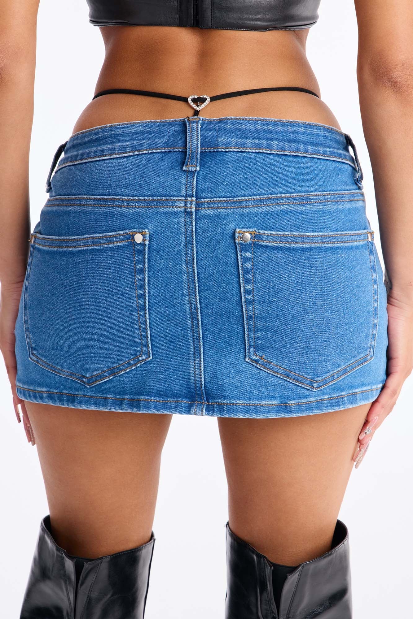 Head Turner Rhinestone G String Denim Micro Mini Skort - Medium Wash