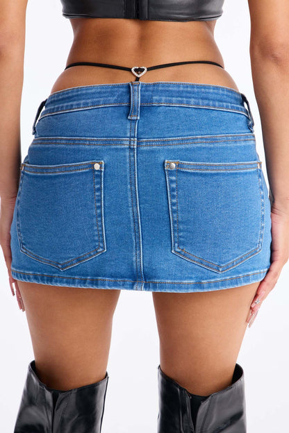 Head Turner Rhinestone G String Denim Micro Mini Skort - Medium Wash