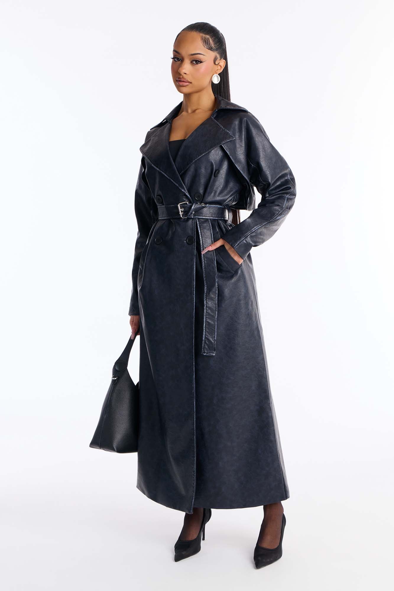 Inez Washed Faux Leather Coat - Blue
