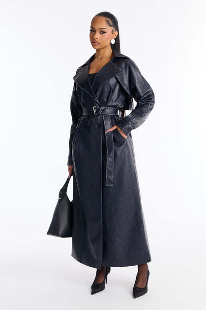 Inez Washed Faux Leather Coat - Blue