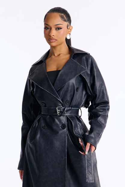 Inez Washed Faux Leather Coat - Blue