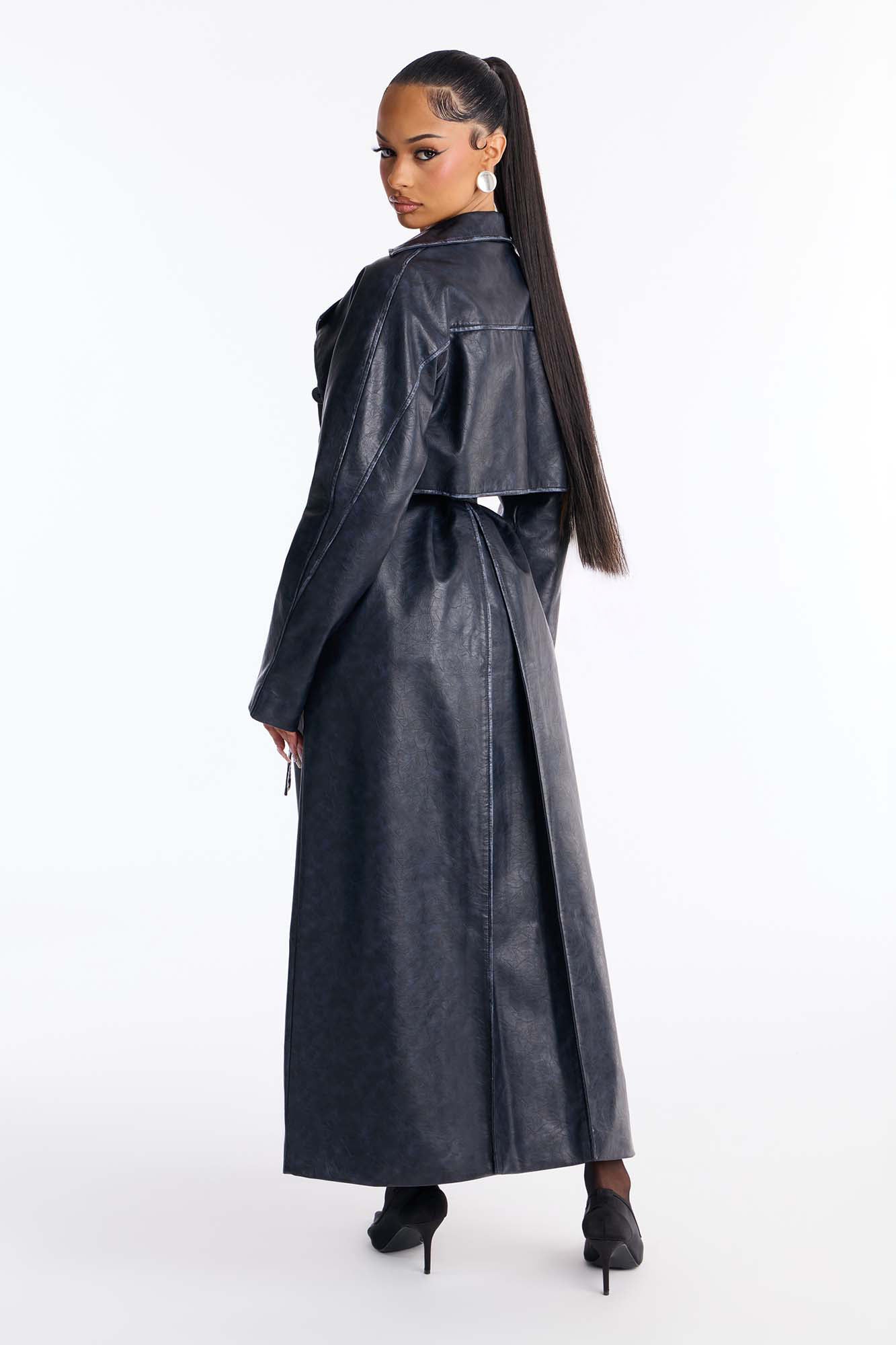 Inez Washed Faux Leather Coat - Blue