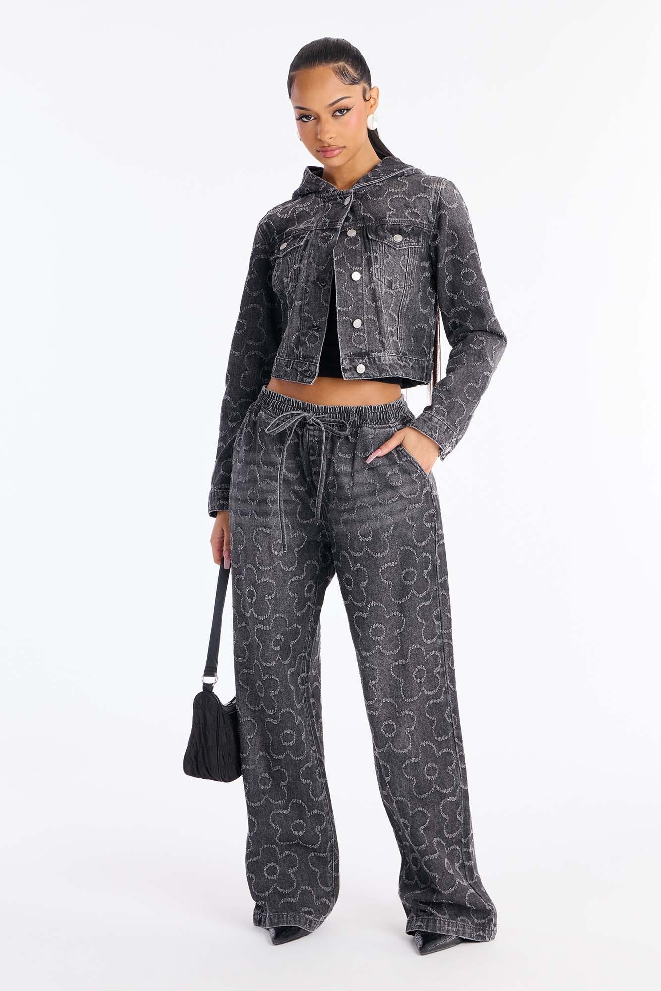 Flower Power Hooded Denim Jacket - Dark Grey