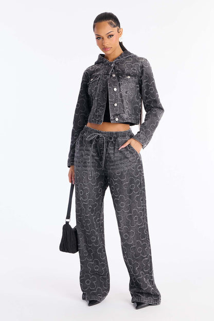 Flower Power Hooded Denim Jacket - Dark Grey