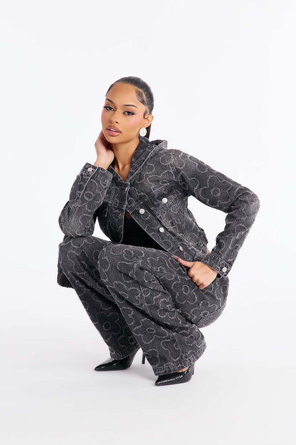 Flower Power Hooded Denim Jacket - Dark Grey