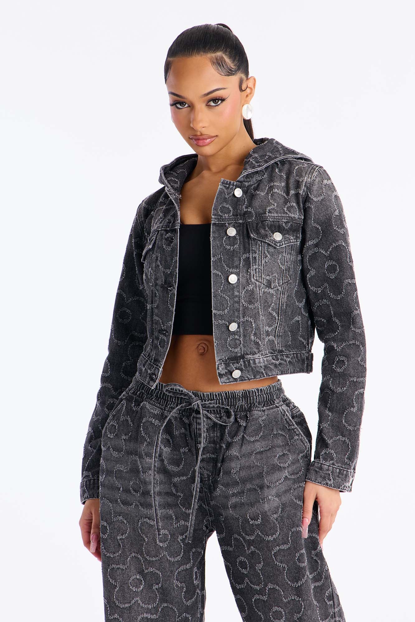 Flower Power Hooded Denim Jacket - Dark Grey