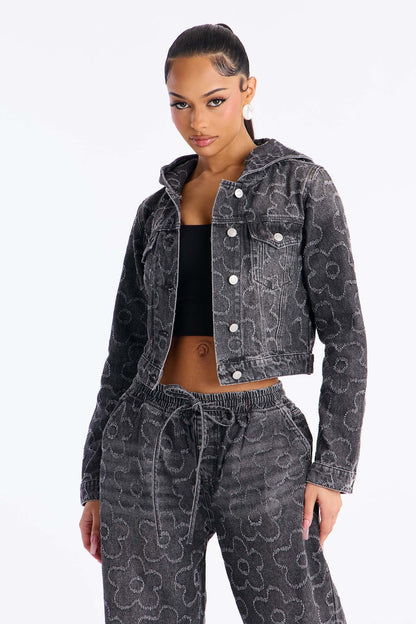 Flower Power Hooded Denim Jacket - Dark Grey