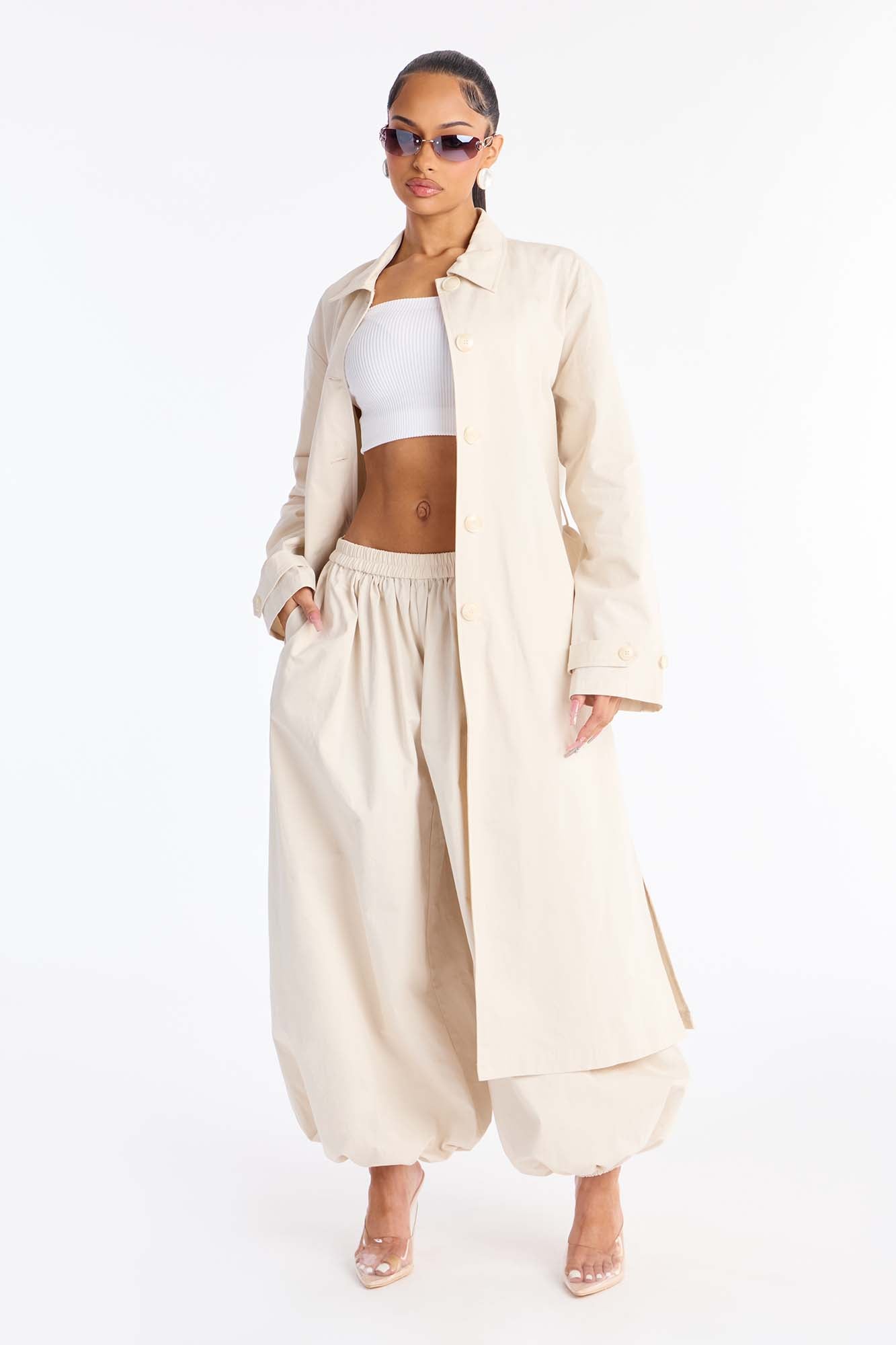 Down The Street Trench Coat Balloon Pant Set - Beige