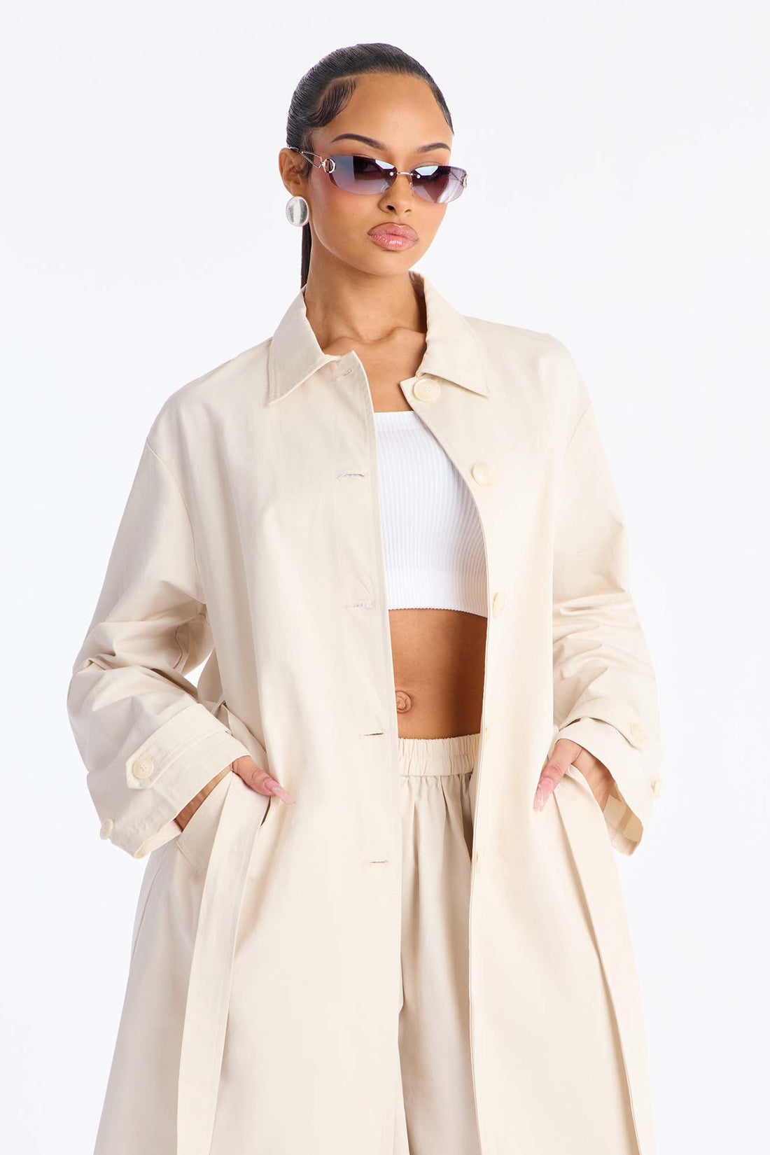 Down The Street Trench Coat Balloon Pant Set - Beige
