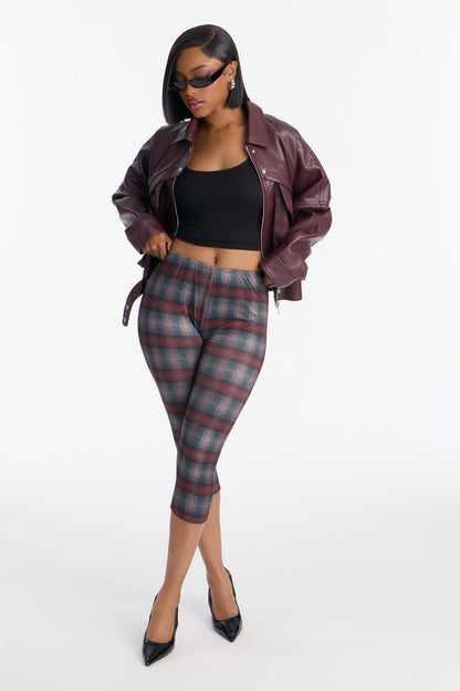 Rosalee Mid Rise Plaid Capri Legging 19″ - Burgundy/combo