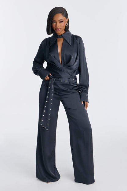 Kyla Collar Belted Pant Set - Grey