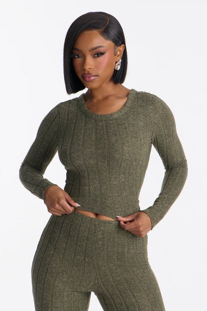 Just Because Ribbed Hacci Flare Pant Set - Olive