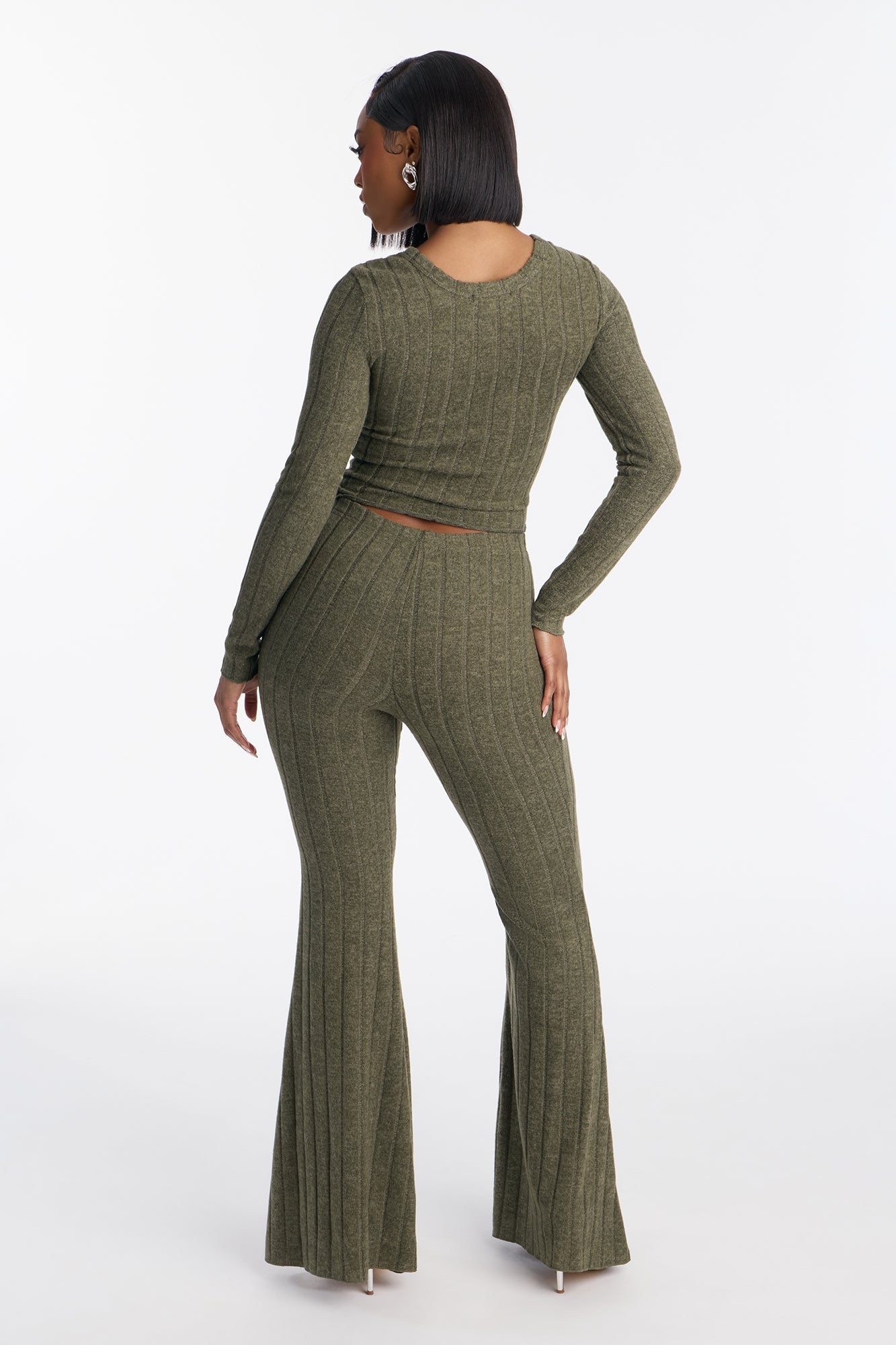 Just Because Ribbed Hacci Flare Pant Set - Olive