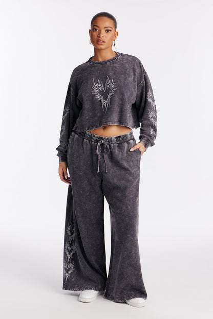 Heart Of Flames Washed Fleece Pant Set - Charcoal