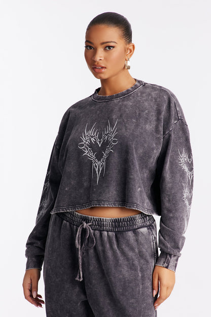 Heart Of Flames Washed Fleece Pant Set - Charcoal