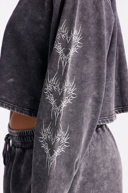Heart Of Flames Washed Fleece Pant Set - Charcoal