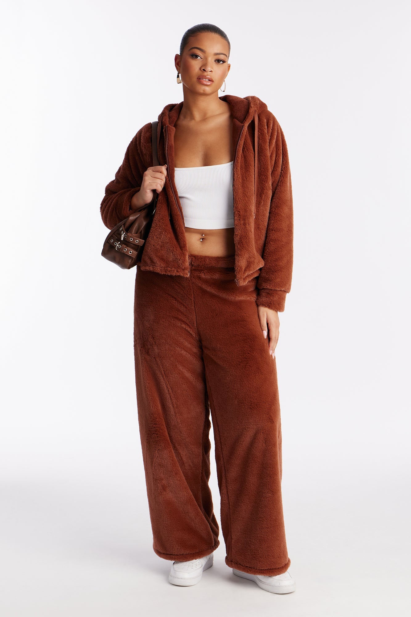 Stay Cozy Plush Hoodie PJ Pant Set - Chocolate