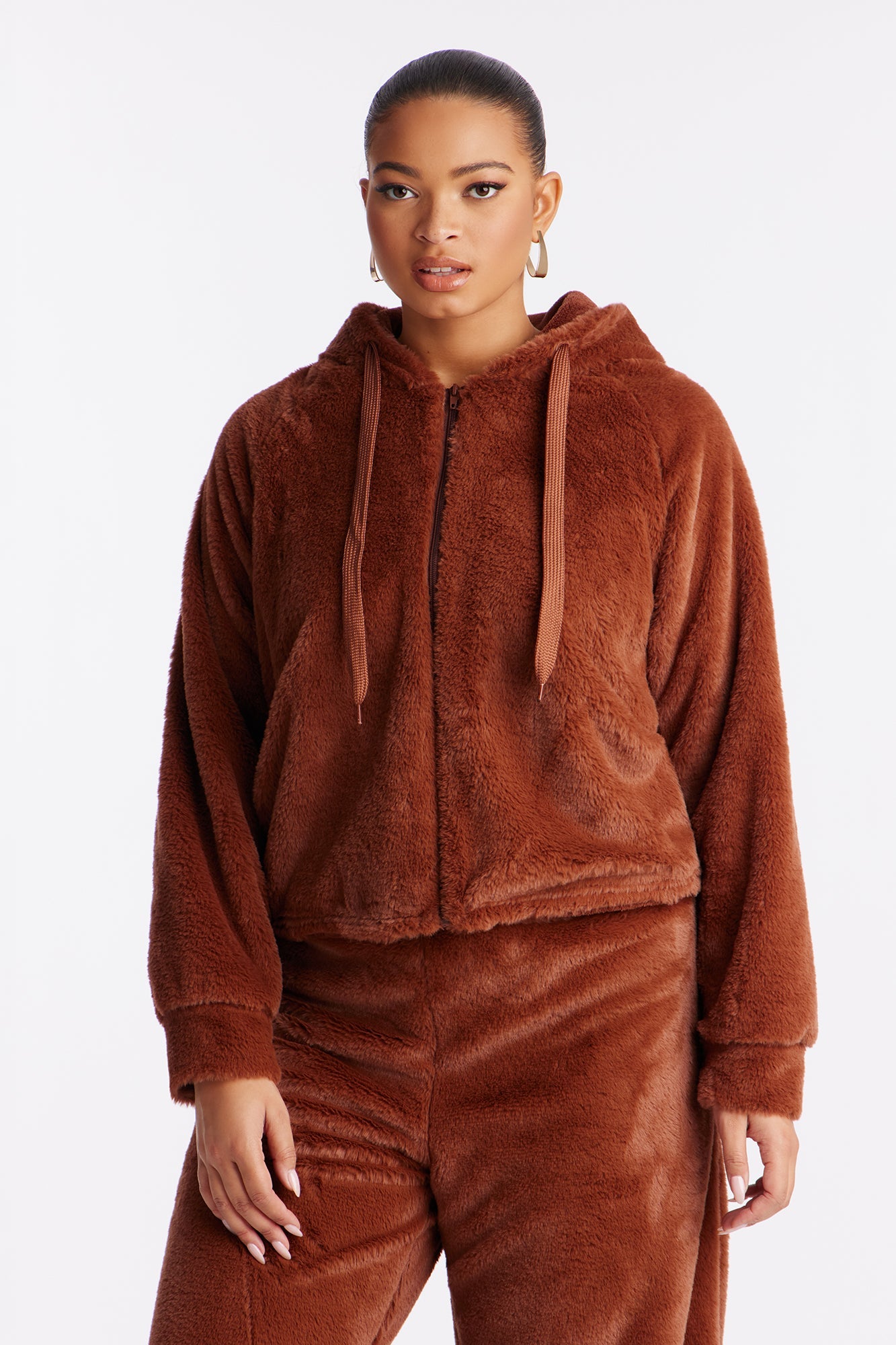 Stay Cozy Plush Hoodie PJ Pant Set - Chocolate
