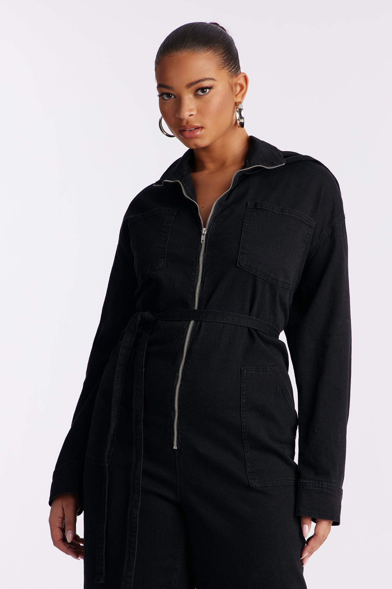 Mya Cinched Waist Hooded Denim Jumpsuit - Black