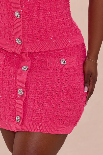 As If Embellished Tweed Skirt Set - Hot Pink
