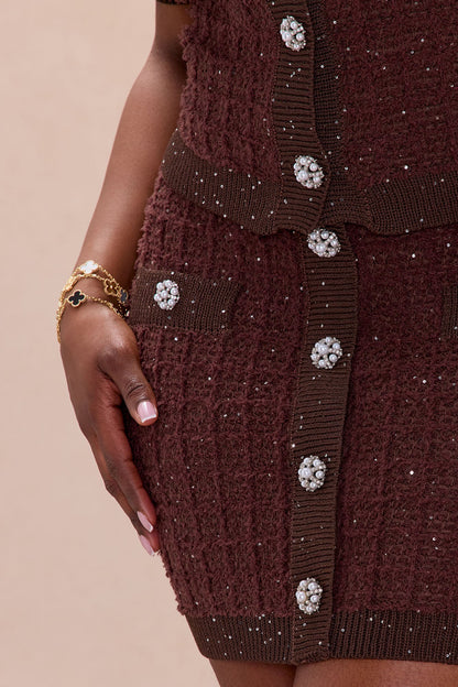 As If Embellished Tweed Skirt Set - Chocolate