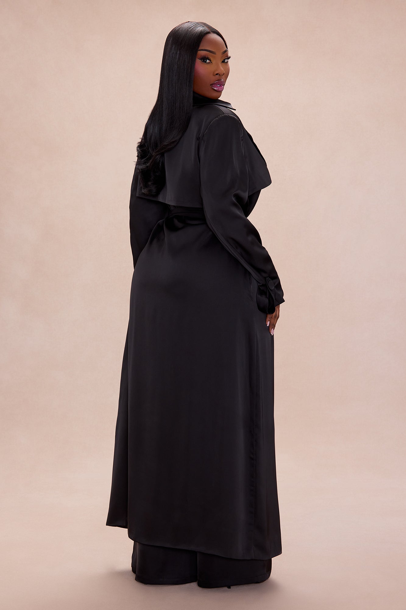 Gabriella Satin Trench Coat And Pant Set - Black