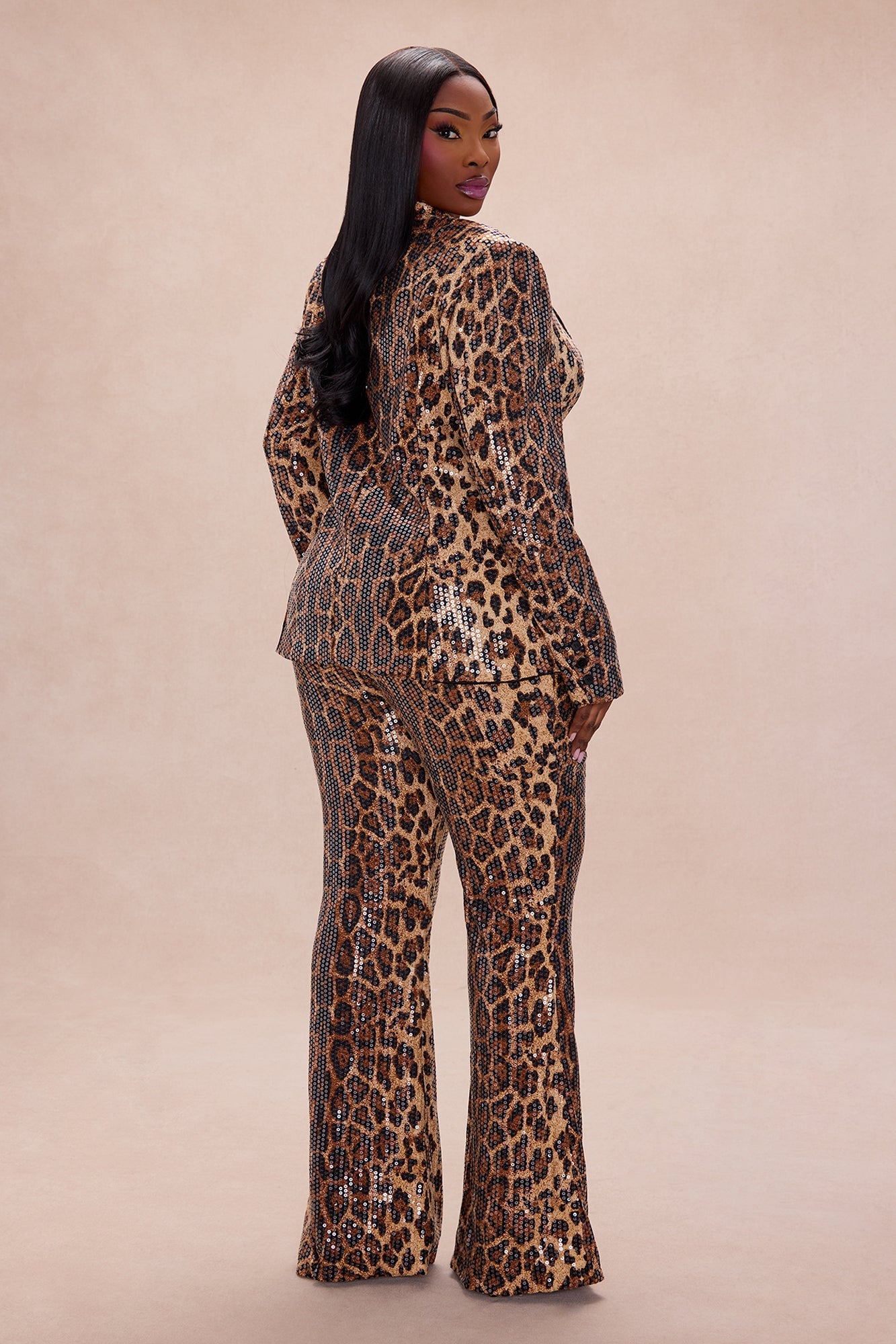 Vega Sequin Blazer Pant Set - Leopard