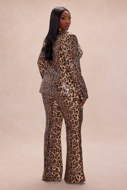 Vega Sequin Blazer Pant Set - Leopard