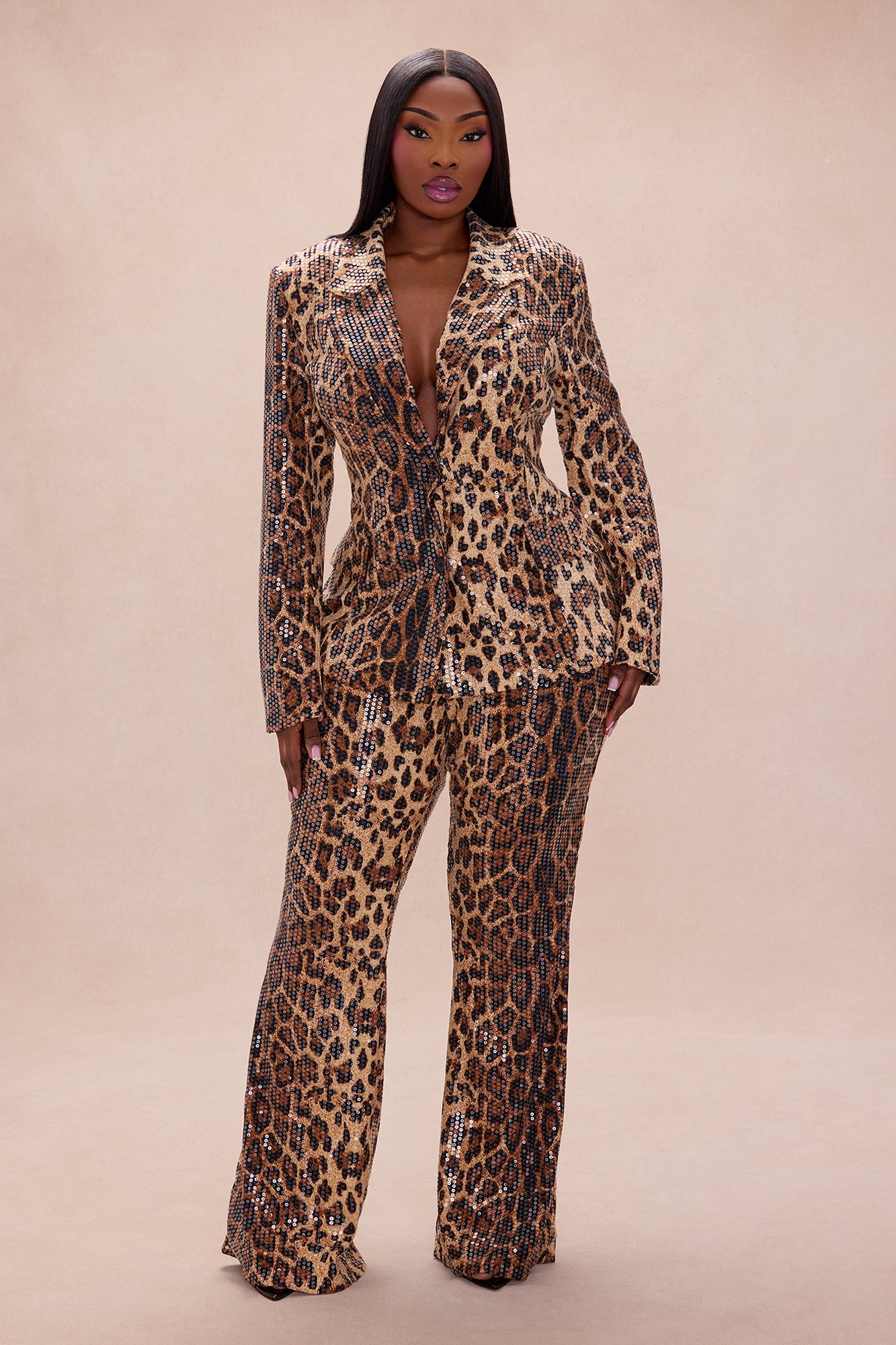 Vega Sequin Blazer Pant Set - Leopard