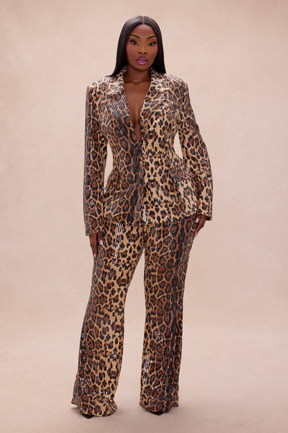 Vega Sequin Blazer Pant Set - Leopard