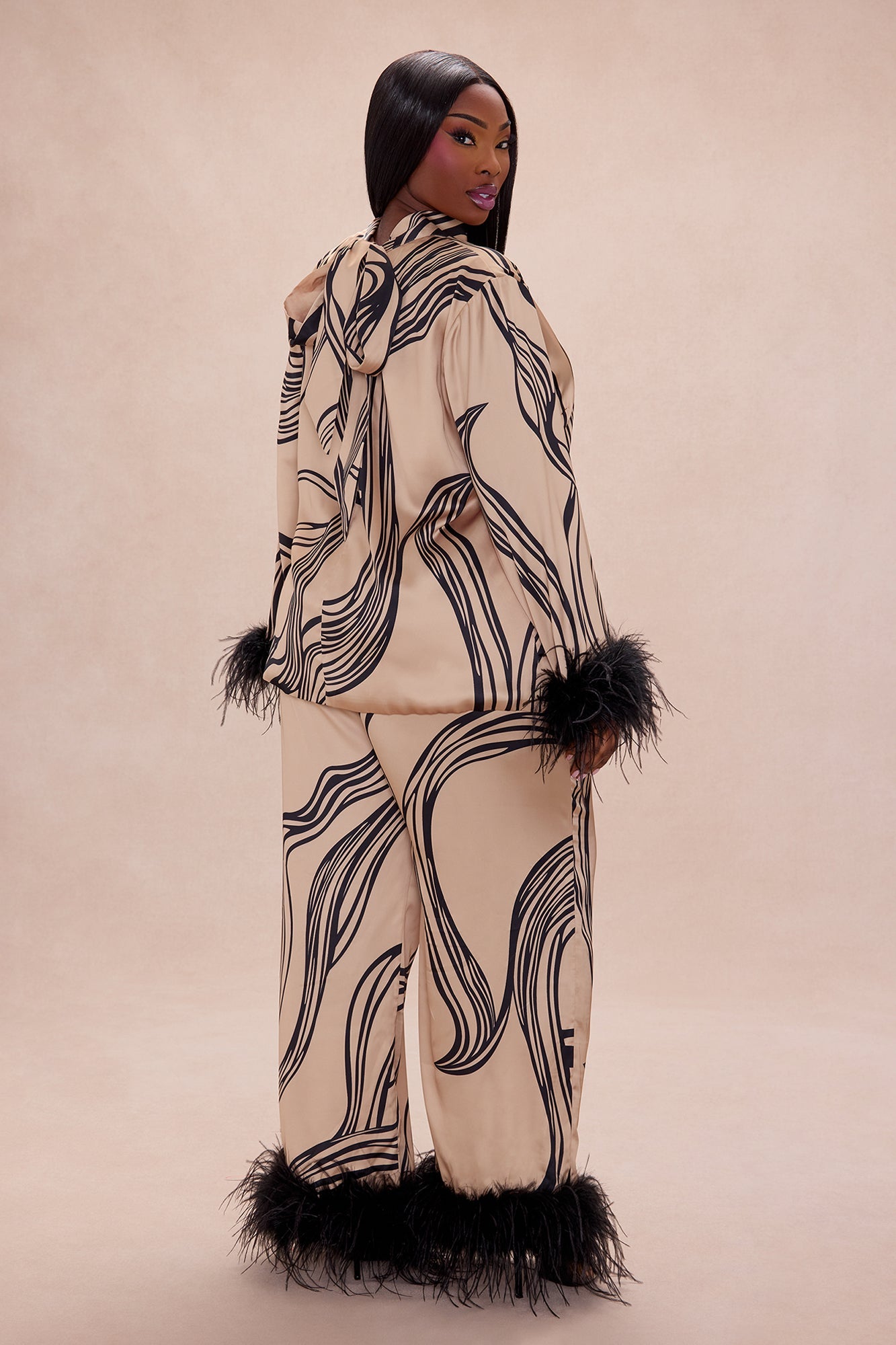 Daphne Fur Satin Pant Set - Taupe/combo