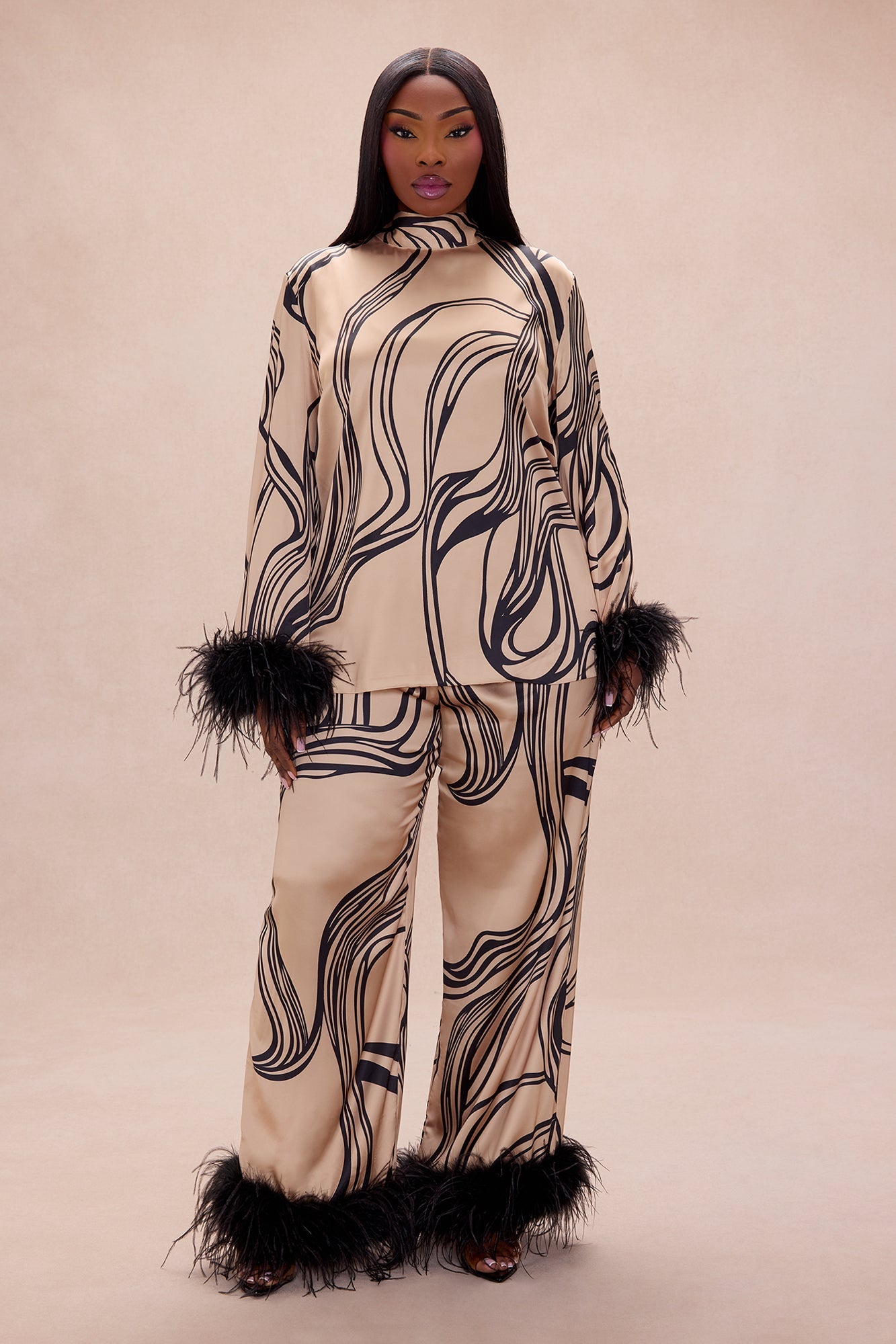 Daphne Fur Satin Pant Set - Taupe/combo