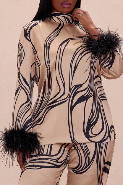 Daphne Fur Satin Pant Set - Taupe/combo