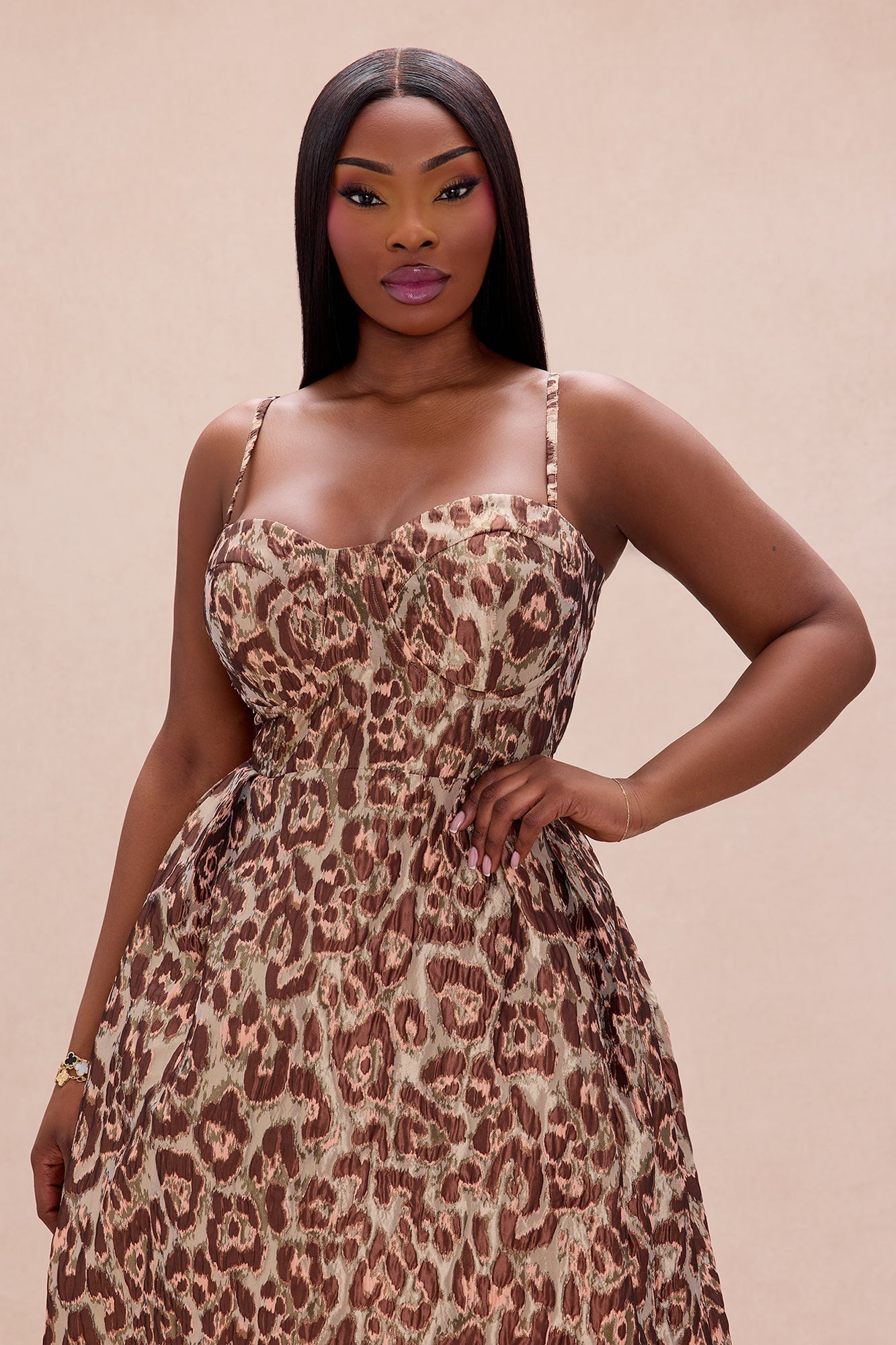 Chelsey Jacquard Midi Dress - Brown