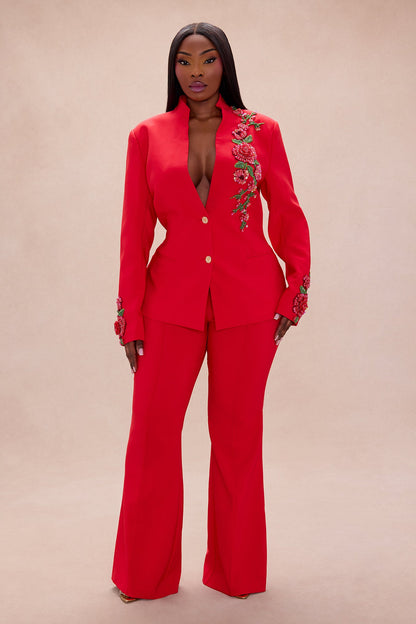 Amelia Embroidered Blazer Pant Set - Red