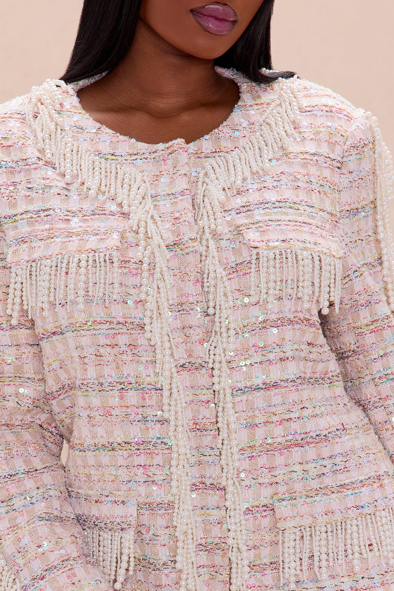 Dripping In Pearls Tweed Skirt Set - Pink/combo