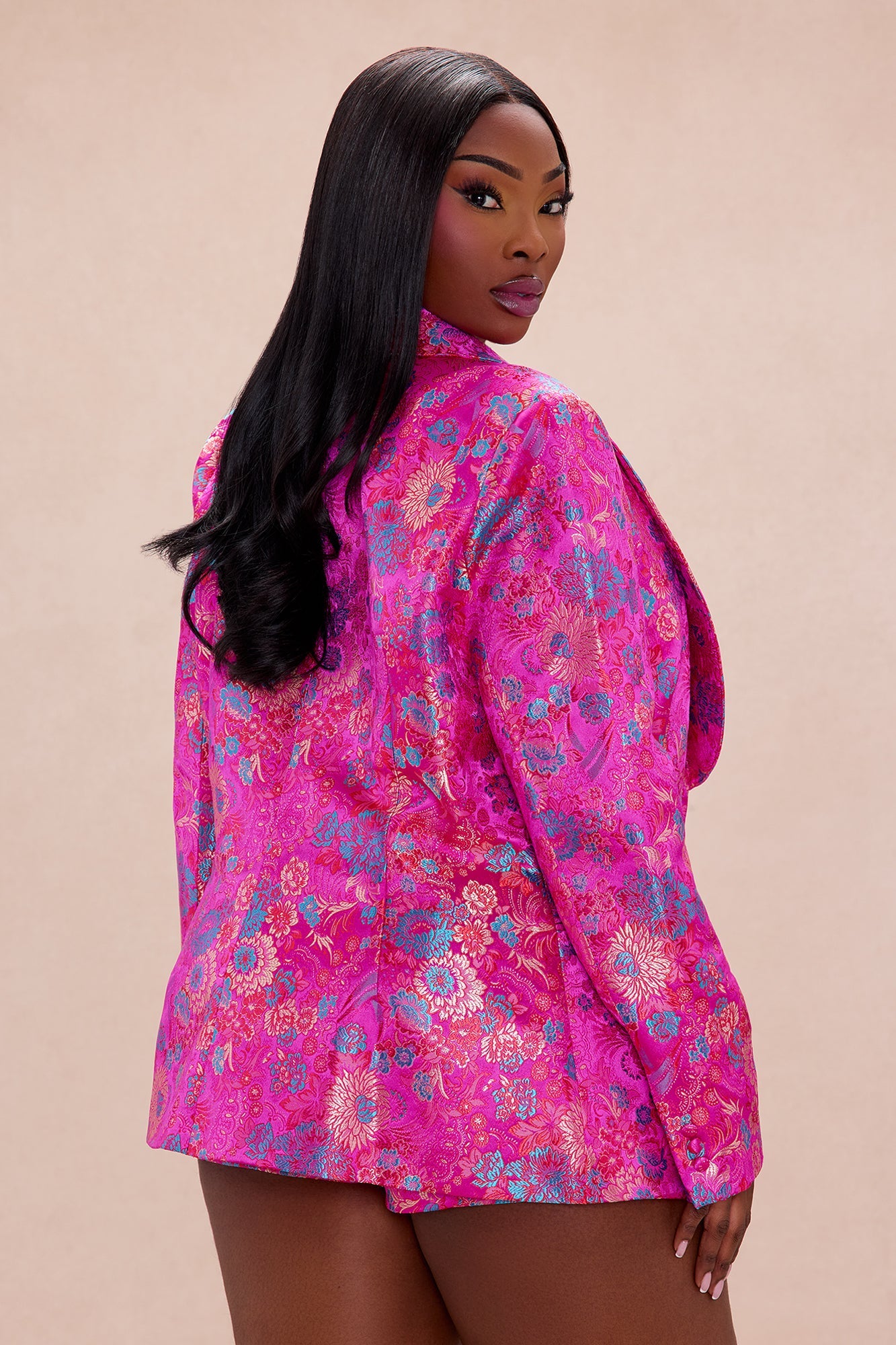 Sofia Satin Floral Short Suit Set - Fuchsia