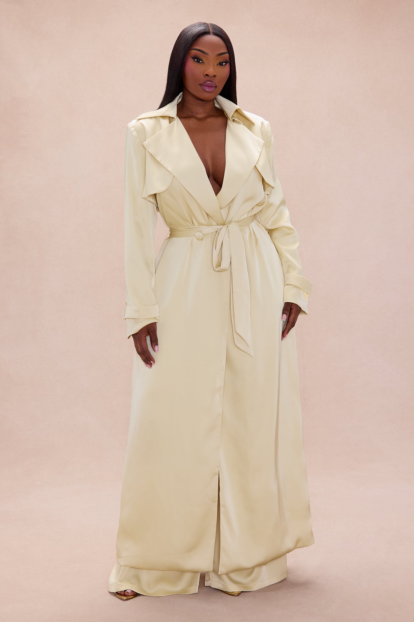 Gabriella Satin Trench Coat And Pant Set - Butter Yellow