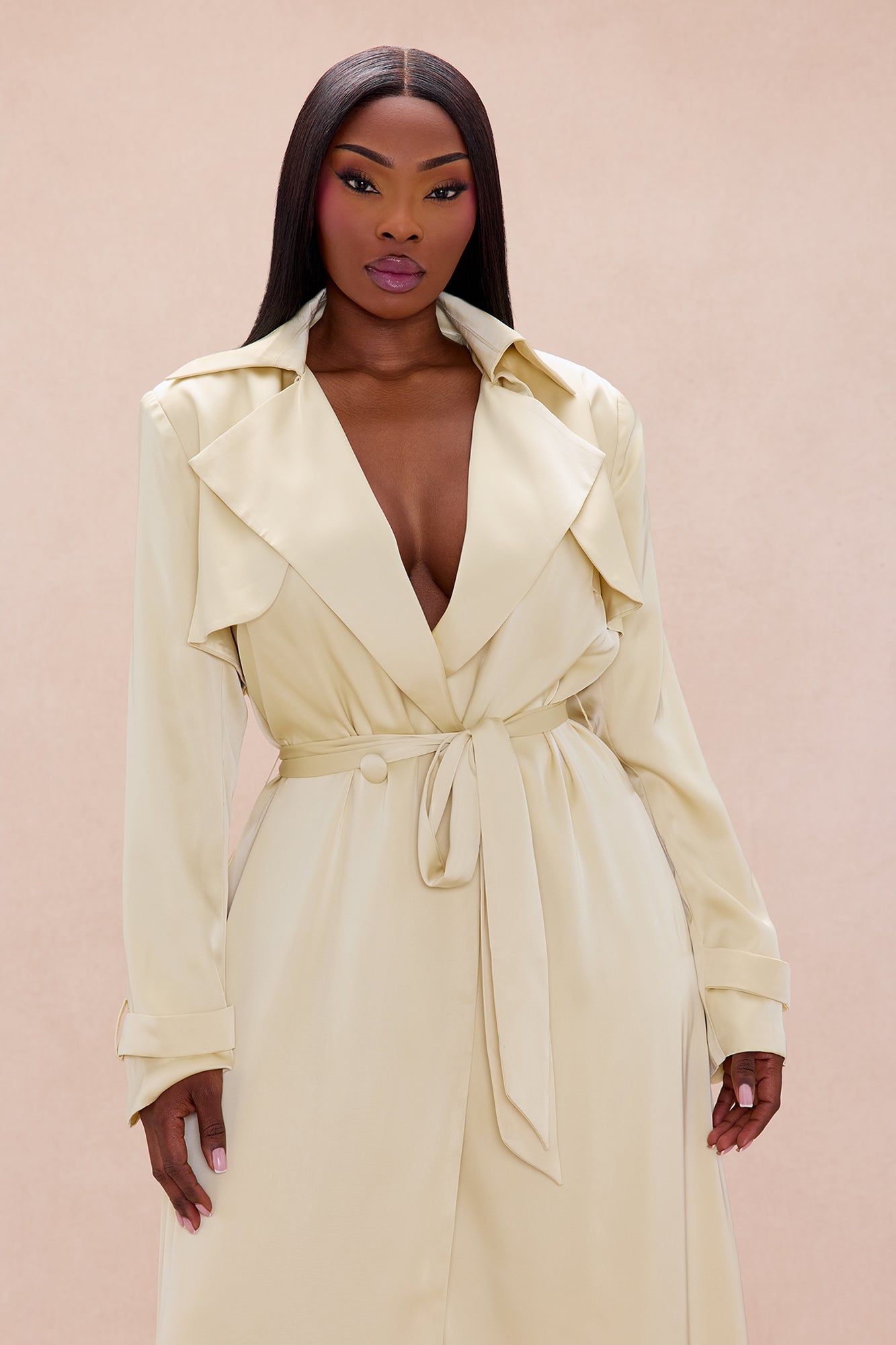 Gabriella Satin Trench Coat And Pant Set - Butter Yellow