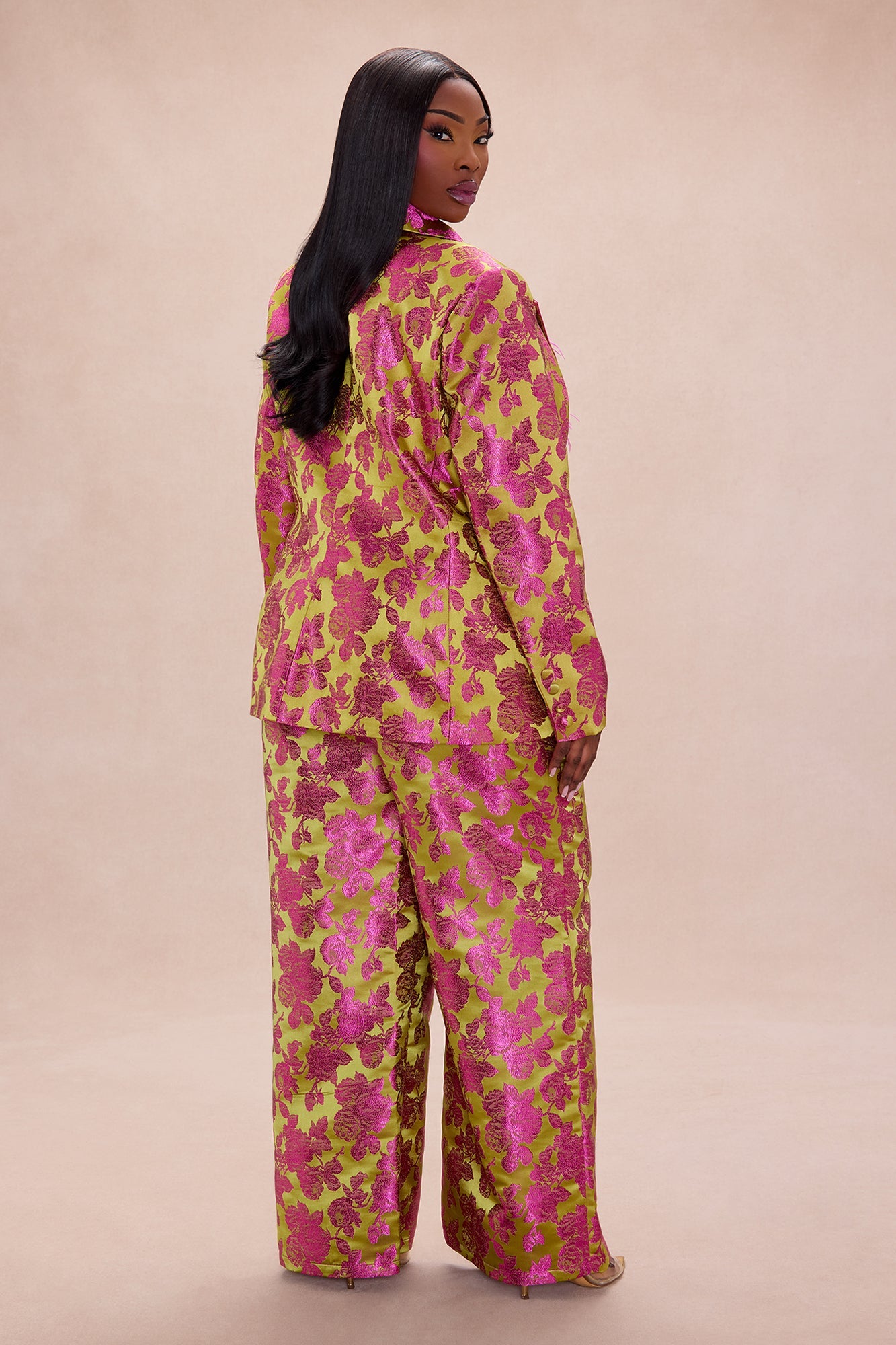 Chelsey Floral Jacquard 3 Piece Pant Set - Green/combo