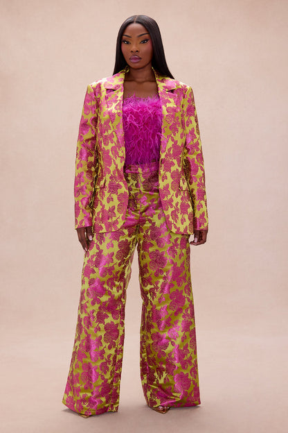 Chelsey Floral Jacquard 3 Piece Pant Set - Green/combo