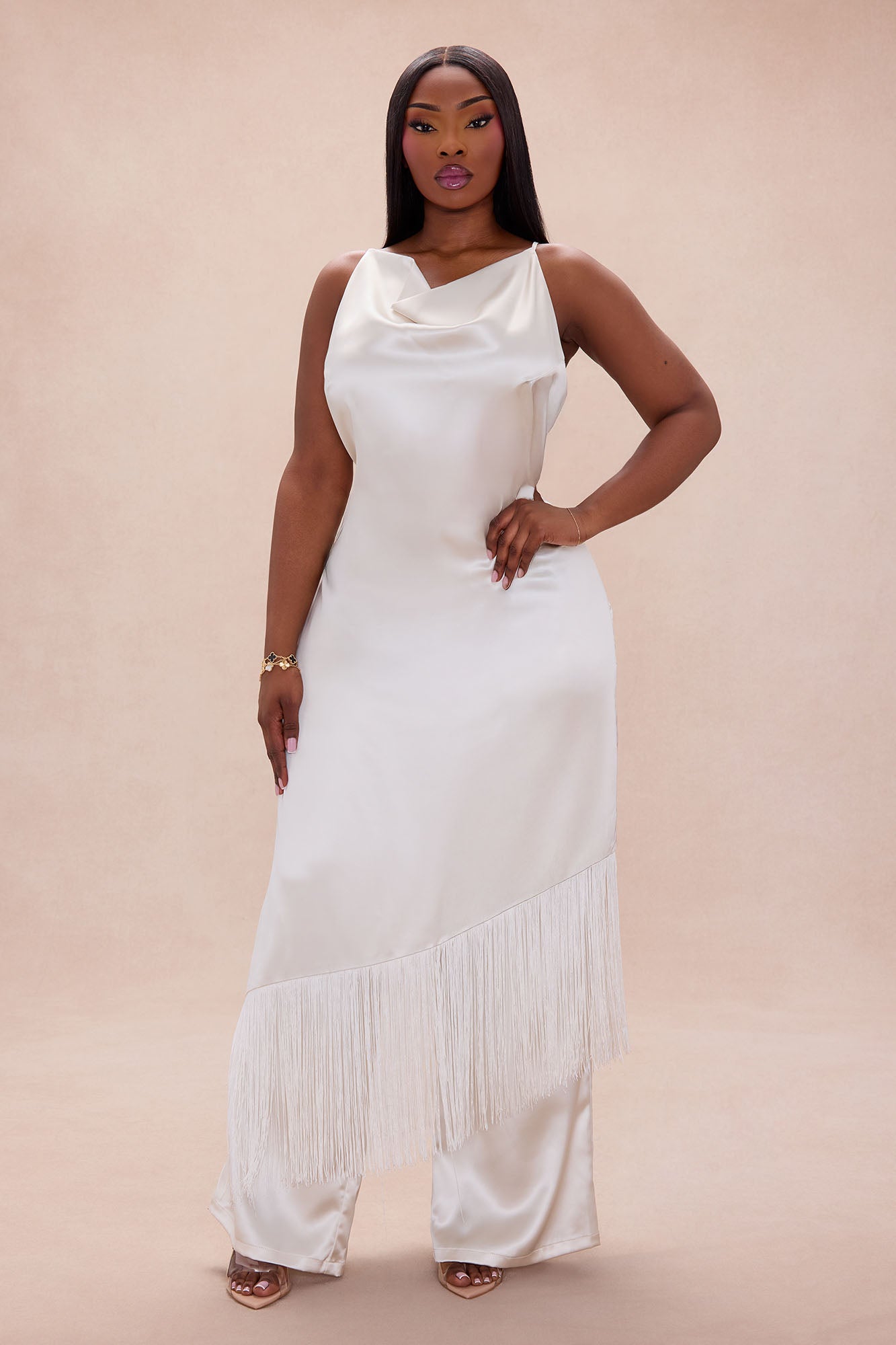 Ceile Fringe Satin Pant Set - Cream