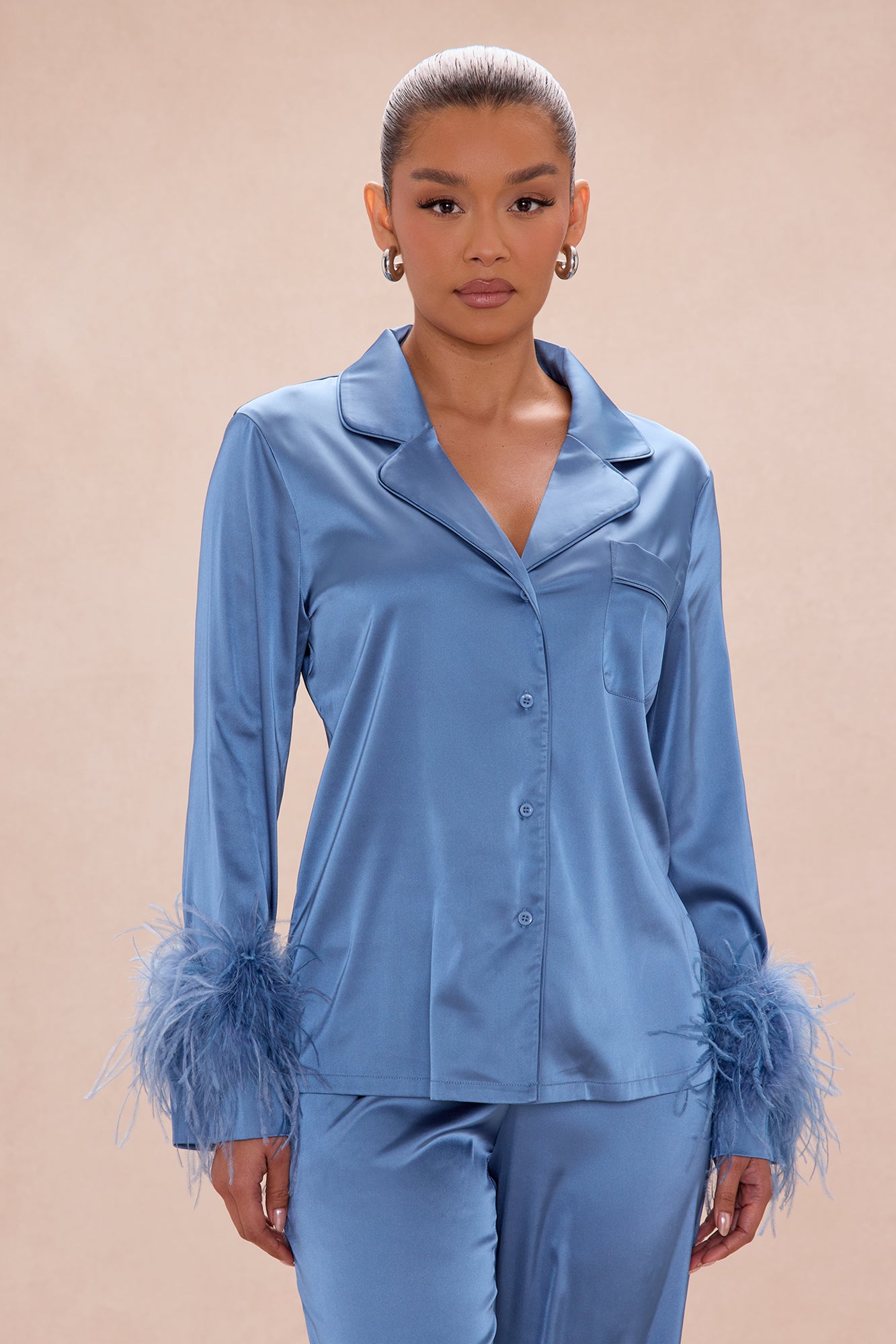 Alexandra Feathered Satin Pant Set - Slate Blue